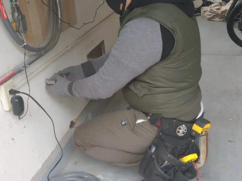 Electrician performing outlet wiring in a Schodack garage